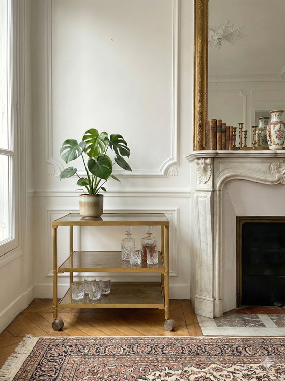 Image 1 of Carrello da portata vintage in ottone dorato e vetro su ruote, anni '60-'70