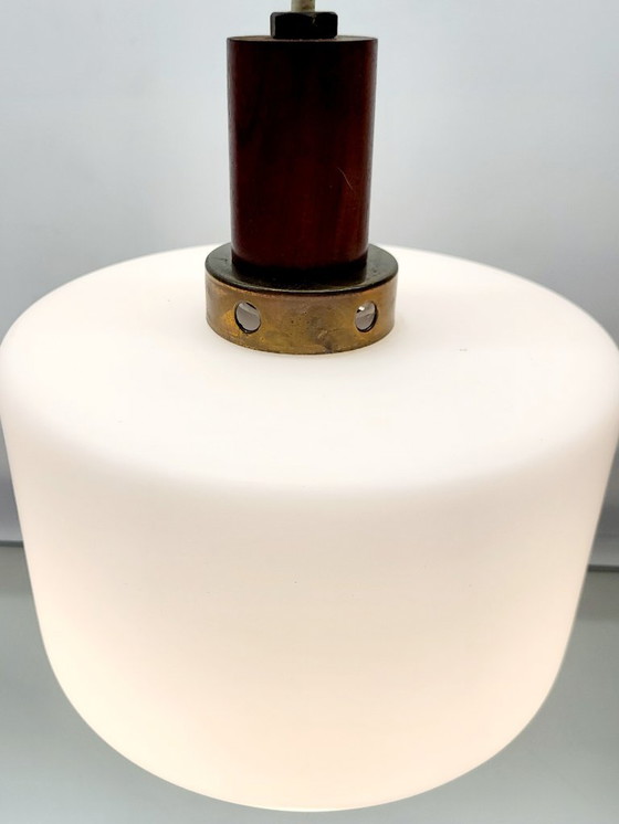 Image 1 of Vintage opaline glazen hanglamp, Scandinavische stijl, teak en messing, jaren 60