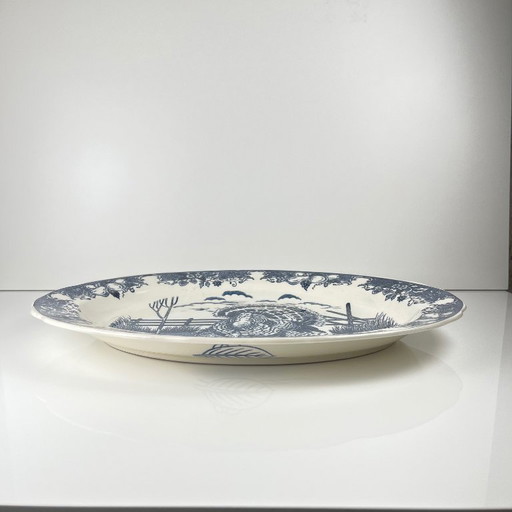 Large vintage oval blue earthenware dish with turkey decor
