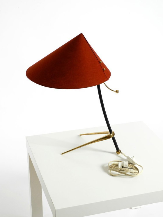 Image 1 of Beautiful, large, original Kalmar Mid-Century Modern tripod brass table lamp with a new fabric shade