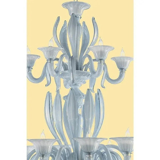 Image 1 of Lampadario in vetro di Murano color azzurro veneziano, stile Mid-Century Modern, con foglie, di Simoeng.