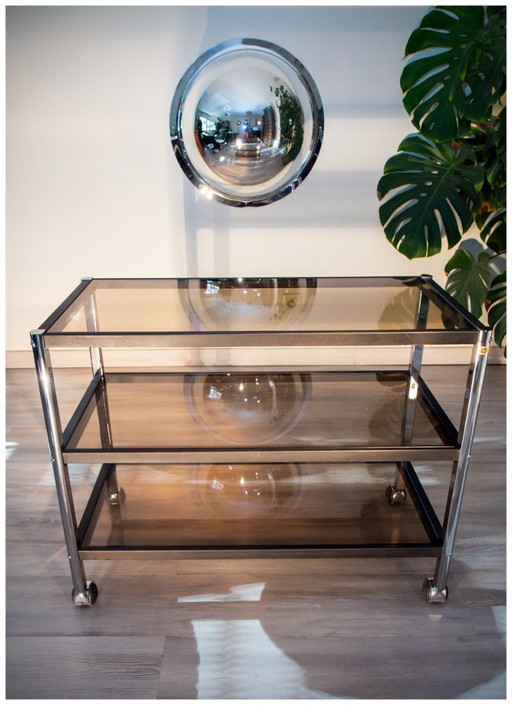 Consolle ERARD (Francia), tavolino laterale in metallo nero e vetro fumé, 1980