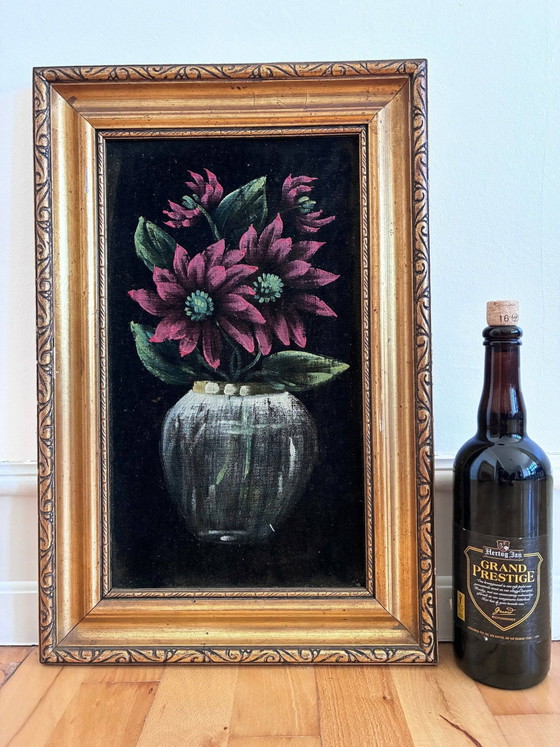 Image 1 of Vintage original velvet flower oil painting, red flower still life art