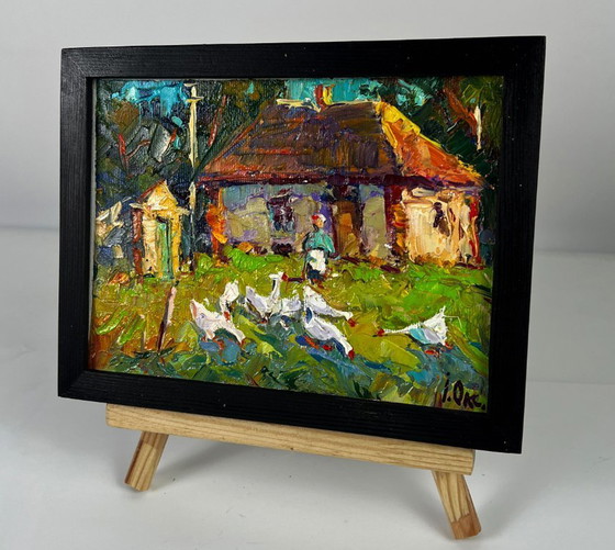 Image 1 of Original Oil Painting Rural Landscape Village Geese in the Yard