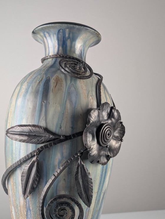 Image 1 of Vaso in gres e ferro battuto Art Déco belga Roger Guérin, anni '30