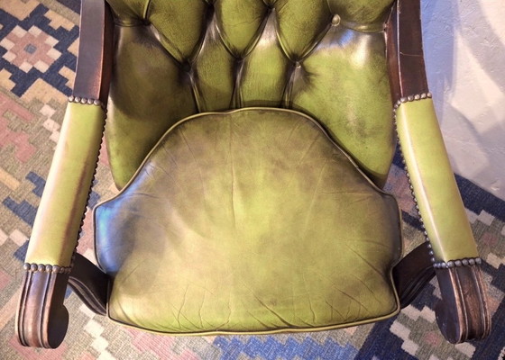Image 1 of Mid Century Olive Green Tufted Leather Chesterfield Library Armchair, 1970s