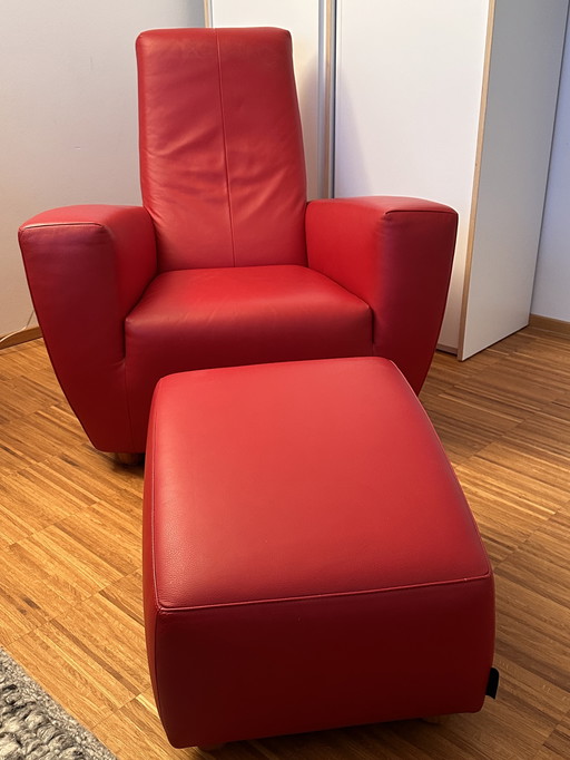Longa-Sessel con Hocker (rotes Leder) de Gerard van den Berg