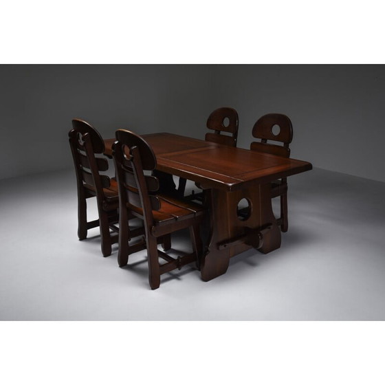 Image 1 of Rustic modern brutalist vintage dining room set in stained oak, Belgium 1970