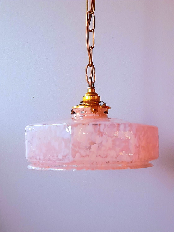 Image 1 of Art-Deco-Pendelleuchte aus Glas mit Rosenmuster