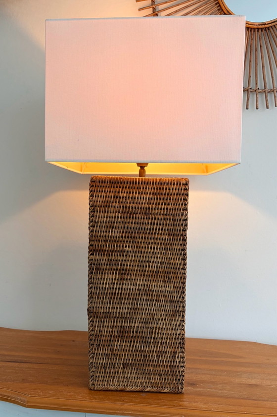 XXL Vintage Birman Osier & Rotin Colonne Lampe, Textile, Beige (photo 3 sur 15)