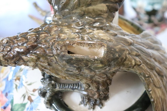 Image 1 of Majestic Ceramic Vase with Eagle and Crocodile, Italy Early 20th Century