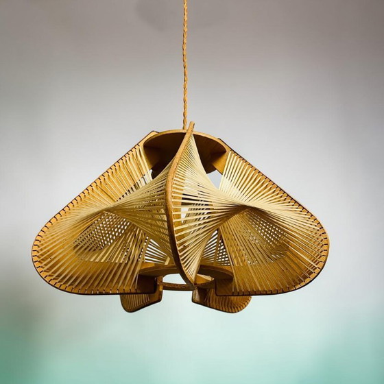 Image 1 of Lampe suspendue vintage en bois et paille de style Japandi, années 1960