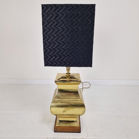 Image 1 of Paar grote Italiaanse Regency stijl tafellampen - Messing en hout met zwarte kappen