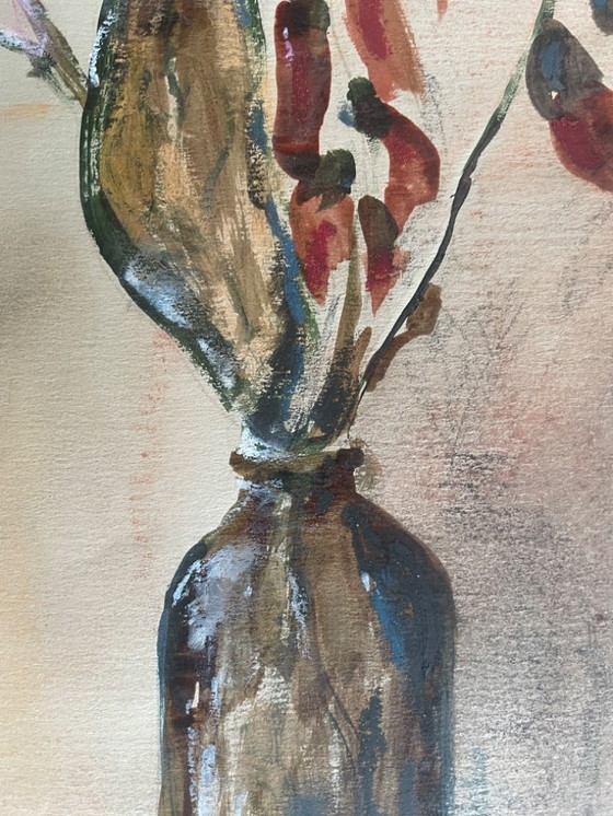 Image 1 of Watercolor and pastel still life painting "Vase of Dried Flowers"