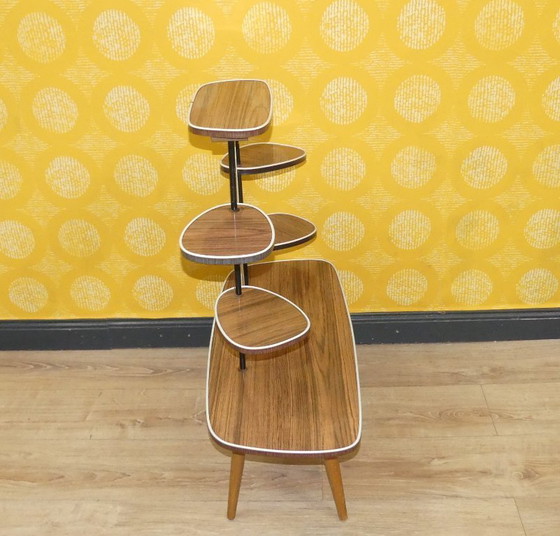 Image 1 of wunderschöne 70er 60er Jahre Blumenbank Etagere Resopal Teak Optik Deko Blumenhocker plant stand Retro Flowerstool vintage