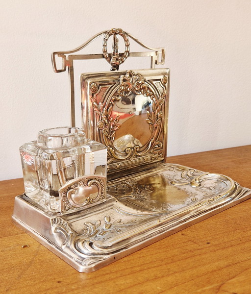 Mail holder with inkwell mirror-Silver-plated metal- 1900's