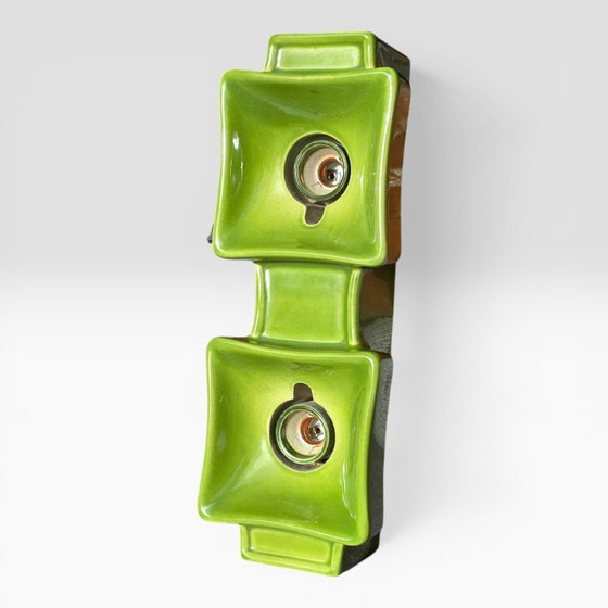 Image 1 of 1 sur 3 : Applique murale verte vintage de PAN Keramik. Lampe verte à deux douilles. Céramique. Style rétro années 70.