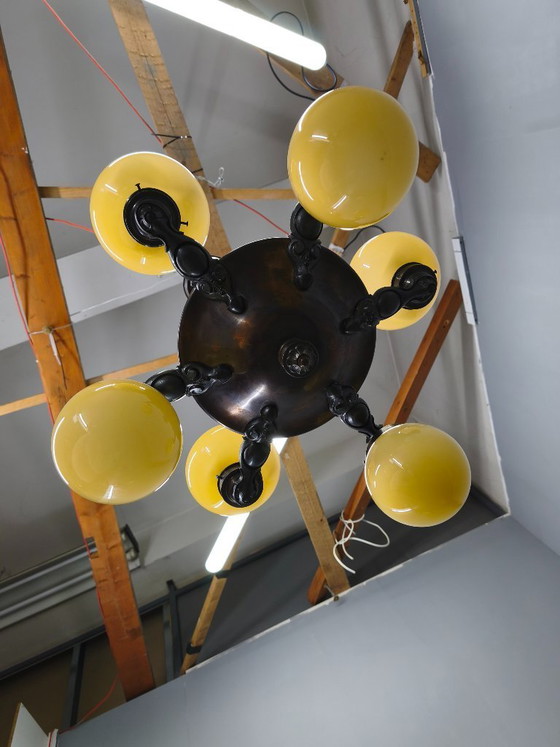 Image 1 of Lustre Art Déco tchèque en laiton et verre crème, années 1920