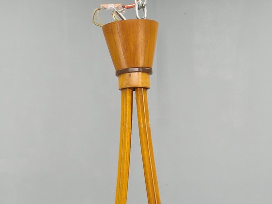 Image 1 of Pair of Czech Mid-Century Wood and Glass Chandeliers by Dřevo Humpolec
