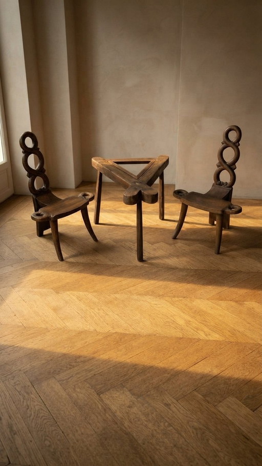 Vintage Sculptural Wooden Table and Two Chairs, Hand-Carved Loop Backrests, 75 × 70 × 56 cm