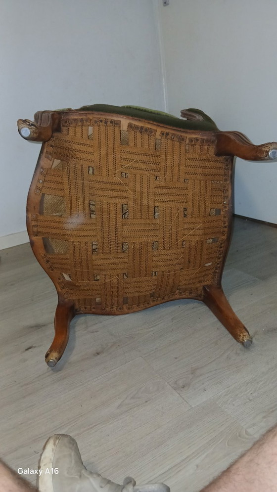 Sillón de trono barroco tapizado de primera calidad – Terciopelo verde oliva – En impecable estado – Sillones (photo 7 of 8)