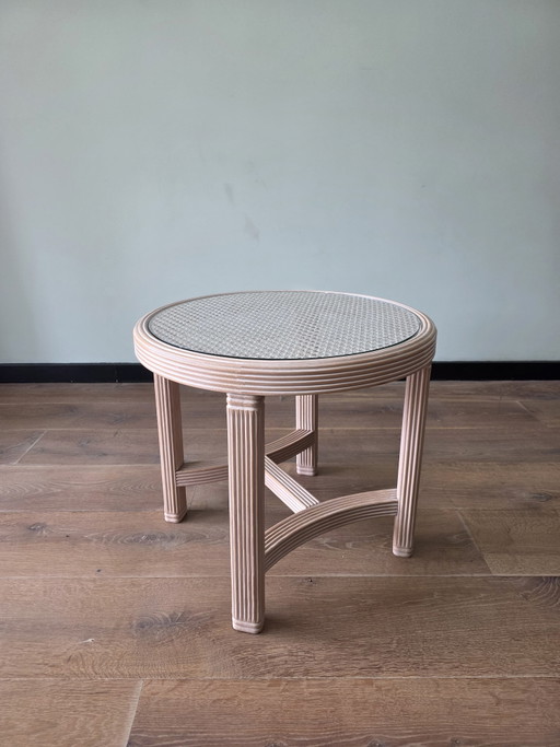 Tavolino vintage in stile Hollywood Regency | Struttura in legno | Cinghie e vetro | Anni '70/'80