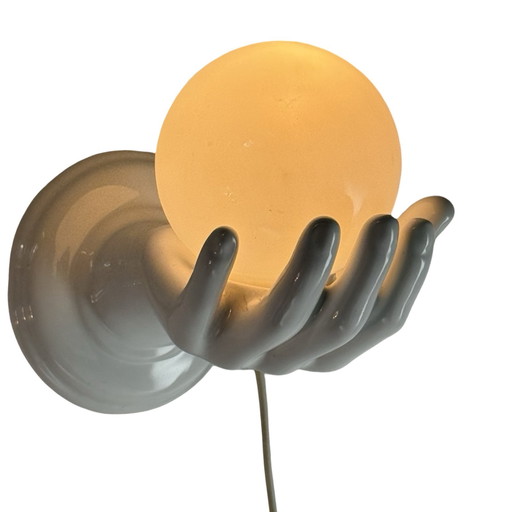 Wall lamp / sconce - Shaped as a hand holding a glass dome - Opaline Glass and Ceramic base - Space age / Pop art
