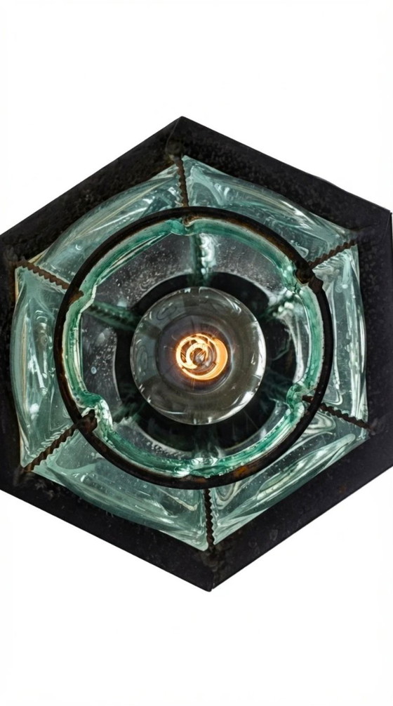 Brutalist Hexagonal Hanging Lantern of Forged Iron and Mouth-Blown Cage Glass – 60s/70s – Pendant lamps (photo 8 of 9)