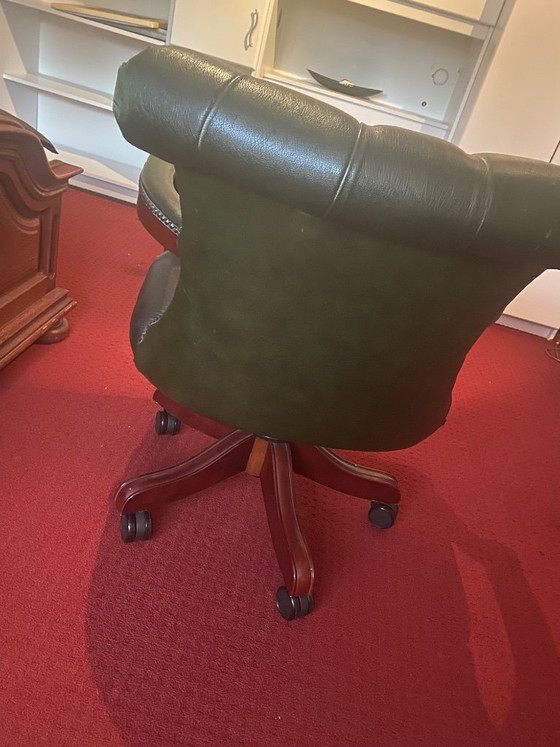 Image 1 of Office chair Antique green leather with wood