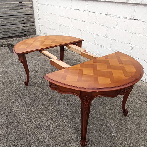 French Vintage Marqueterie Dining Table-Extendable Cherrywood Table-Style Louis XV-80s (photo 8 of 18)