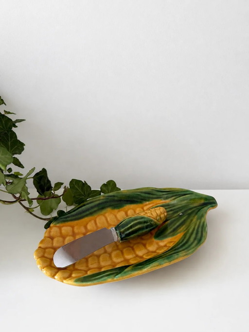 Vallauris ceramic corn cob dish with knife