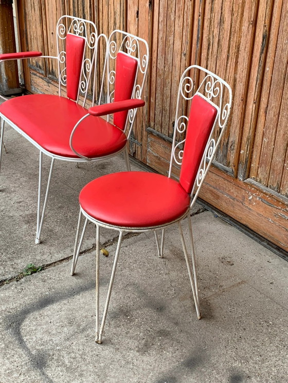 White Metal & Red Leatherette Garden Set, 1968, Set of 4, Mid Century Modern (photo 8 of 9)