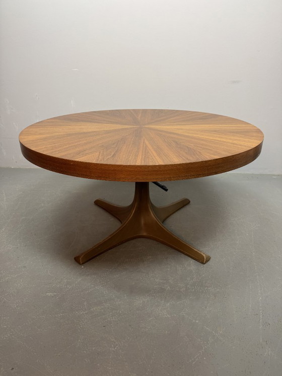 Image 1 of Mid-Century Design Round Adjustable Wooden Veneer Coffee / Dining Table by Ilse Möbel with Solid Centered Pedestal, Germany 1960