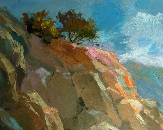Image 1 of Peinture à l'huile originale représentant un paysage marin côtier. Navigation vers le rivage en bateau.