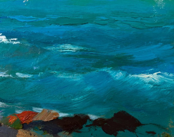 Image 1 of Original Oil Painting Summer Coastal Landscape Sailboats at sea and rocky shore