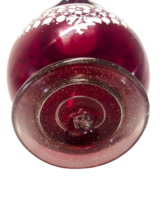 Image 1 of Vintage Bohemian Ruby Red Cut to Clear Glass Vase – Hand Blown Etched City Scene