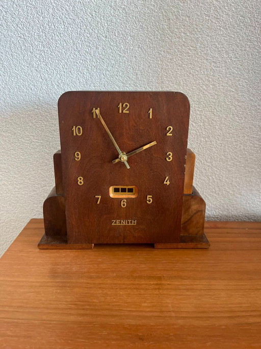 Tirelire-horloge Art Déco Zenith – Pendule de cheminée suisse en bois – Années 1930