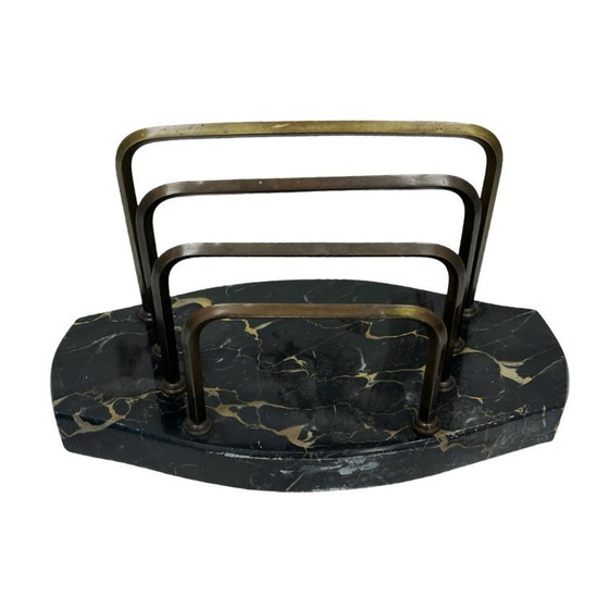 Image 1 of Art Deco Executive Desk Set: Letter Holder and Blotter – Portoro Marble and Brass – 1930s