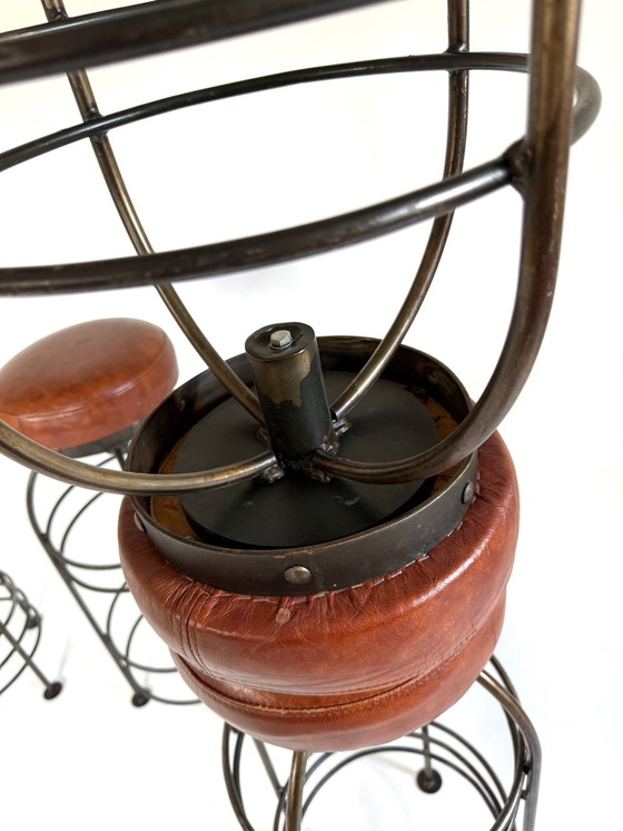 Image 1 of 8x vintage bar stool, wrought iron & leather '80s