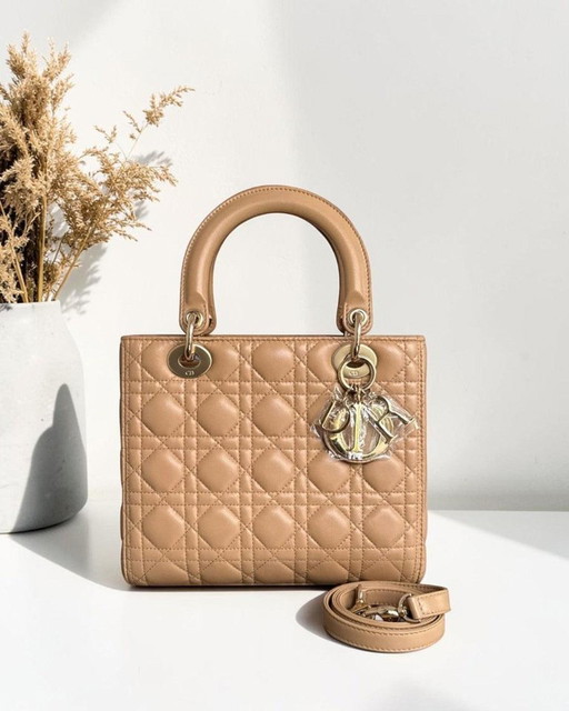 DIOR LADY MEDIUM - PELLE DI AGNELLO CANNAGE BEIGE MARRONE CINTURINO CON FINITURE ORO