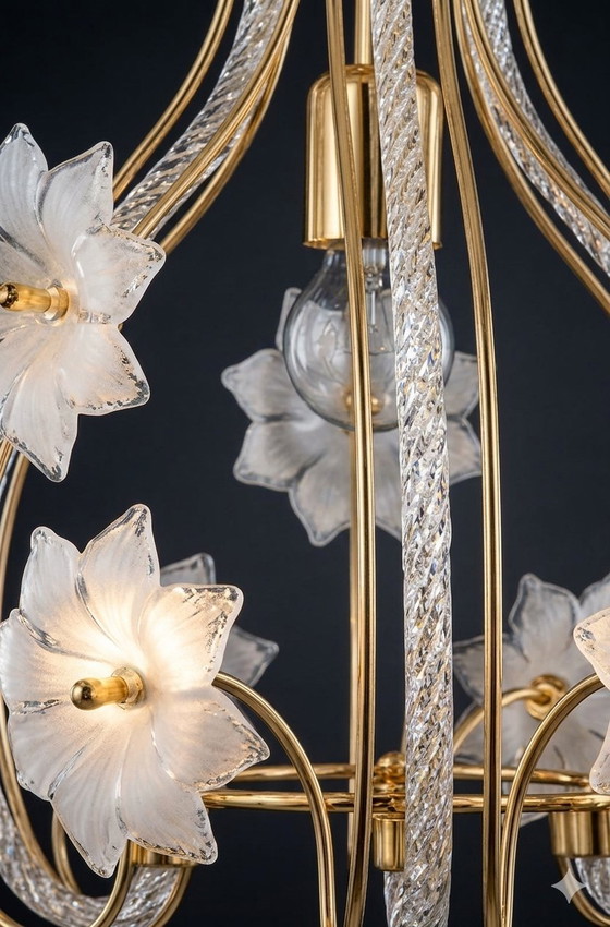 Image 1 of Vintage Murano glazen kroonluchter – "Bloemknop" – in hoogte verstelbaar