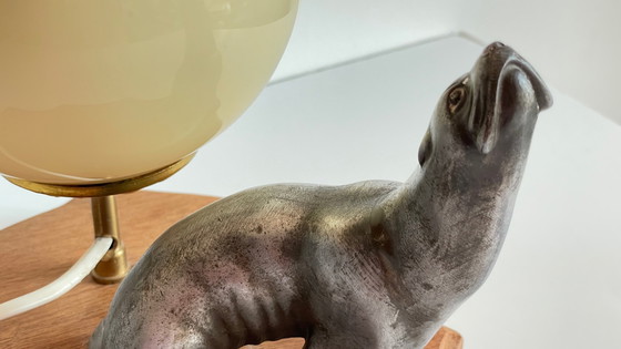 Image 1 of Art Deco Sea Lion Lamp Metal and Blown Glass France