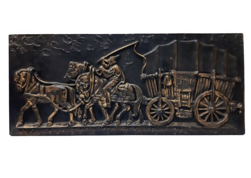 Old Large Cast Iron Wall Plaque- a cart with horses, bas relief