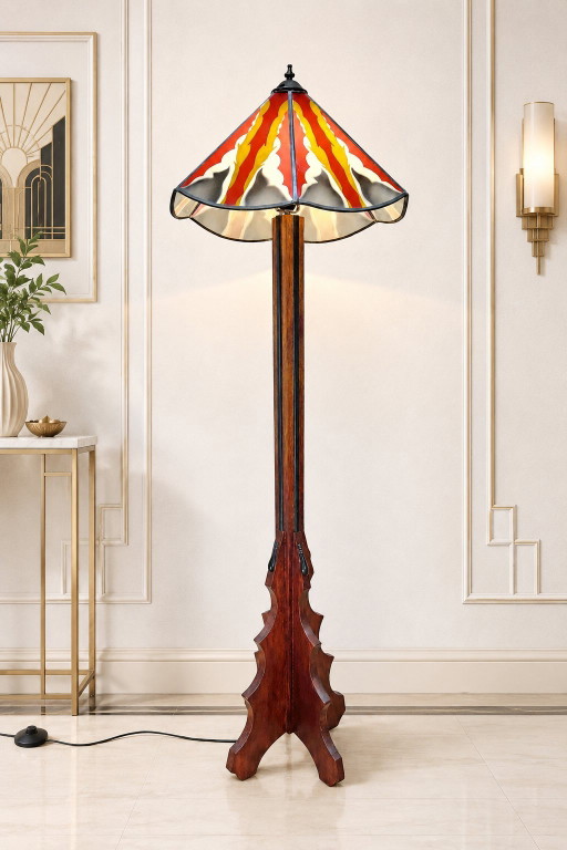 Amsterdam School / Art Deco floor lamp stained glass shade (geometric design) oak base