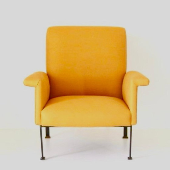 1x Eclectic Mid-Century Modern Sculptural Armchair in Mustard Yellow Fabric, Cotton, Iron (photo 4 of 11)