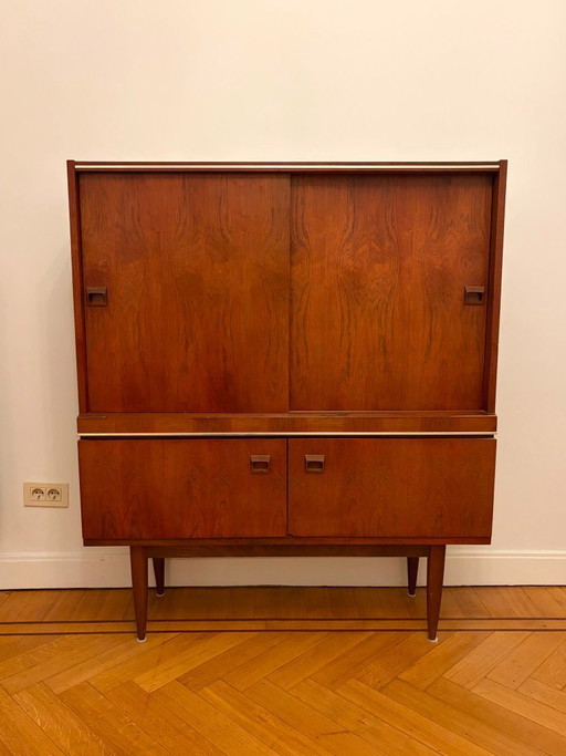 Vintage Mid-Century Highboard Dressoir Servieskast Buffetkast| Teakfineer & Glas | Jaren '60 | Scandinavische stijl