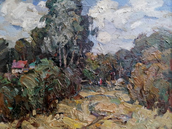 Origineel olieverfschilderij: Natuurlandschap, Dorp, Platteland Koude Dag – Schilderijen & Tekeningen, Canvas (photo 4 of 11)
