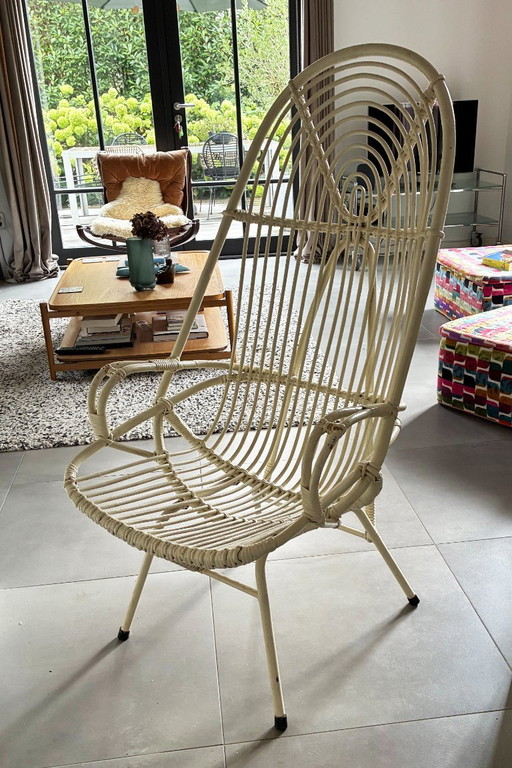 Rotan stoel, wit gespoten met hoge rug waarschijnlijk Rohe' – Rohé Noordwolde, fauteuils, Rattan