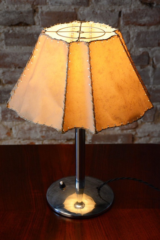 Restored Bauhaus Table Lamp, Chrome-Plated Steel, Parchment, Czech, 1930s – Metal, Paper (photo 4 of 12)