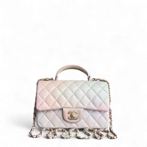 Chanel Classic Flap Mini Top Handle -Quilted Lambskin Ombre Rainbow Gold Hardware Microchip